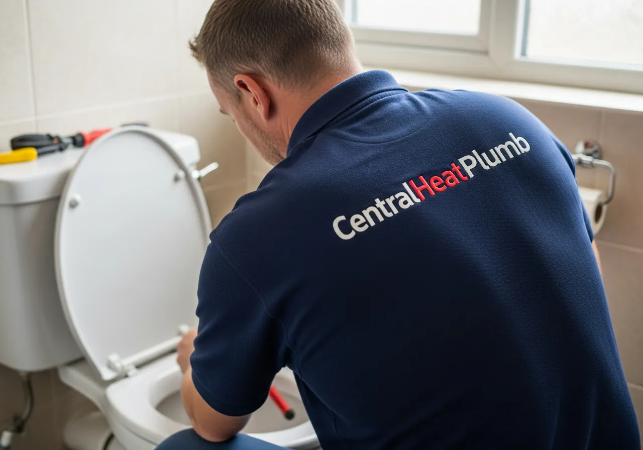 Plumber fixing leaking toilet in Salford